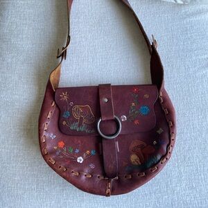 Vintage 70s handtooled  Brown Leather Shoulder Bag